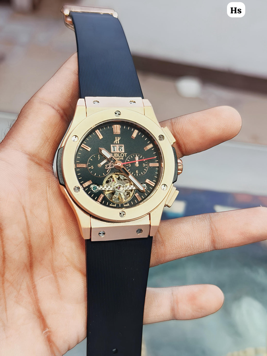 Hublot Style Luxury Chronograph Men’s Watch with Open Heart Dial & Silicone Strap