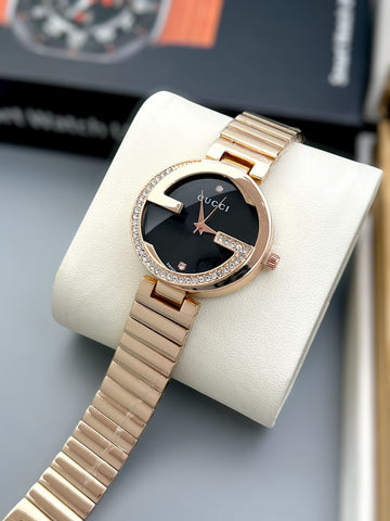 Luxury Diamond Design Women’s Watch – Gold Chain Strap Black Dial