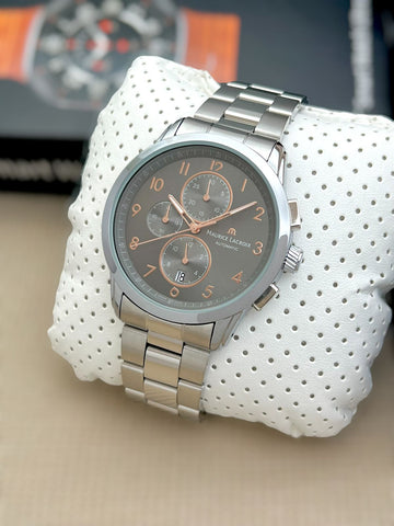 Maurice Lacroix Premium Stainless Steel Men’s Chronograph Watch – Grey Dial & Silver Strap