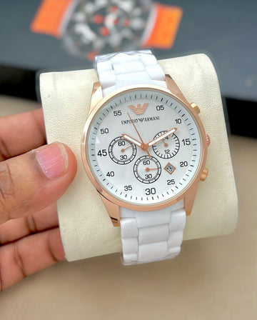 Emporio Armani Style Chronograph Watch – White Strap Rose Gold Dial Premium Watch