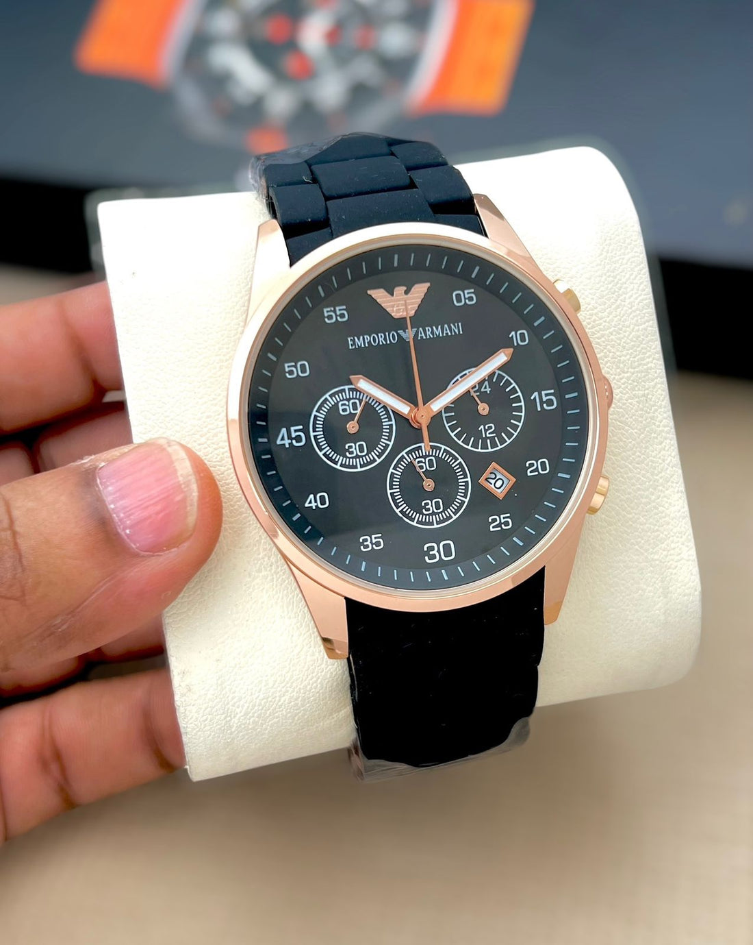 Emporio Armani Style Chronograph Watch – White Strap Rose Gold Dial Premium Watch