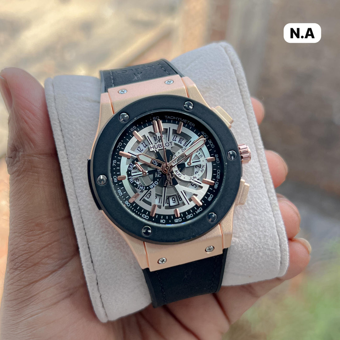 Hublot Style Men’s Luxury Watch – Skeleton Dial Green Strap Chronograph Design