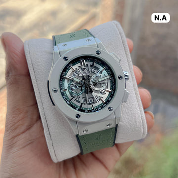 Hublot Style Men’s Luxury Watch – Skeleton Dial Green Strap Chronograph Design