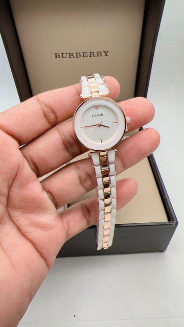 Fossil Elegant Women’s Watch – Rose Gold & White Designer Strap