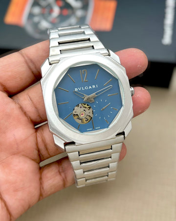 Men’s Luxury Automatic Open Heart Watch – Stainless Steel Designer Wrist Watch (Blue Dial)