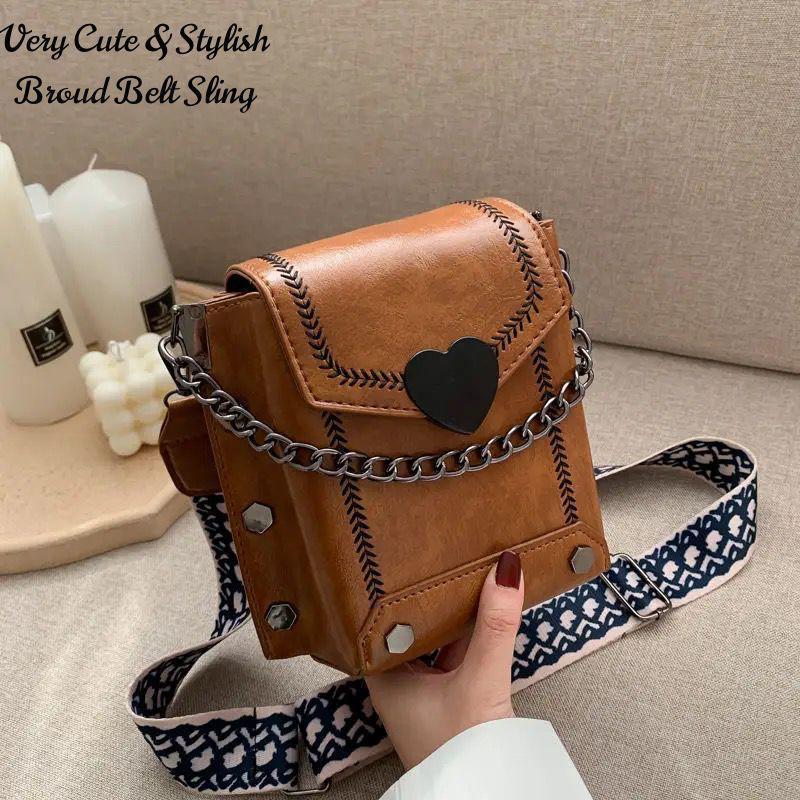 Women’s Cute Mini Sling Bag – Stylish Heart Lock Crossbody Bag with Chain & Broad Strap (Brown)