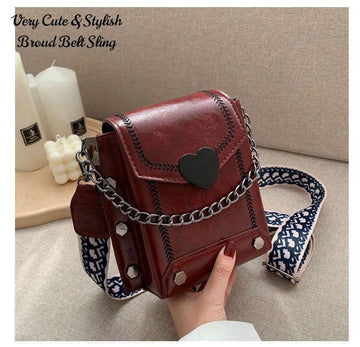 Women’s Cute Mini Sling Bag – Stylish Heart Lock Crossbody Bag with Chain & Broad Strap (Brown)