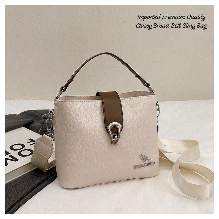 Women’s Premium Leather Sling Bag – Classy Broad Strap Crossbody Handbag (Brown)