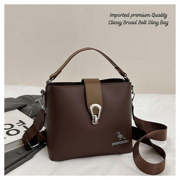Women’s Premium Leather Sling Bag – Classy Broad Strap Crossbody Handbag (Brown)