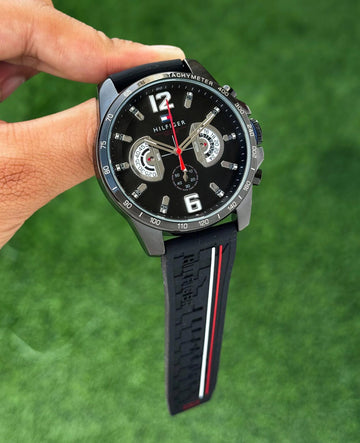Men’s Sporty Chronograph Watch – Premium Analog Wrist Watch with Rubber Strap (Black Dial)
