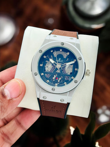 Men’s Luxury Skeleton Automatic Watch – Premium Designer Wrist Watch with Leather Strap (Blue Dial)