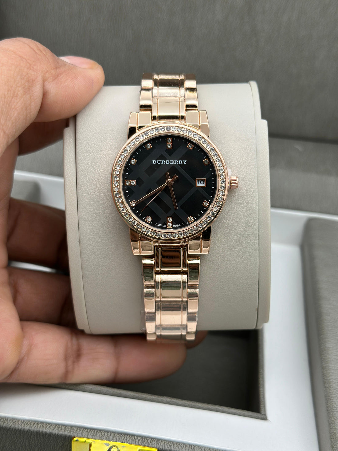 Burberry Rose Gold Check Dial Ladies Watch | Diamond Studded Bezel | Date Function | Master Copy
