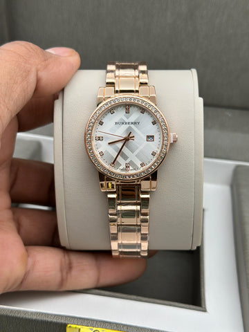 Burberry Rose Gold Check Dial Ladies Watch | Diamond Studded Bezel | Date Function | Master Copy
