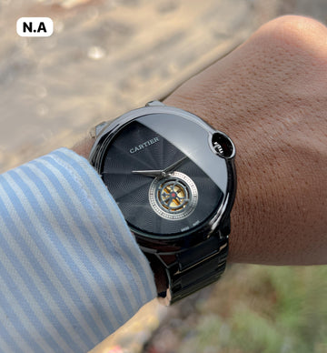 Cartier Style Automatic Open Heart Black Dial Watch for Men – Luxury Stainless Steel Wristwatch