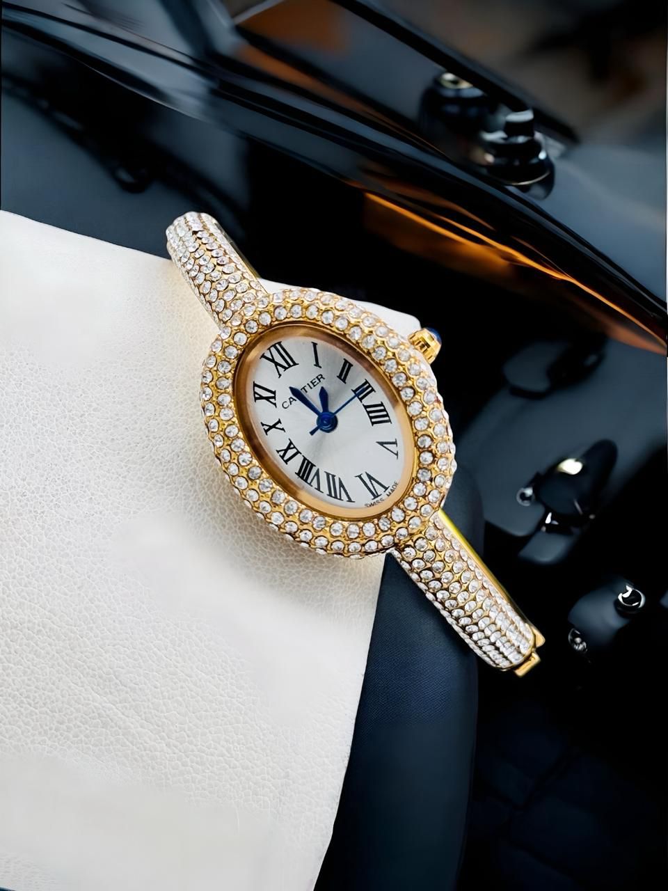 Cartier Style Diamond Studded Bracelet Watch for Women – Luxury Gold Blue Dial Wrist Watch