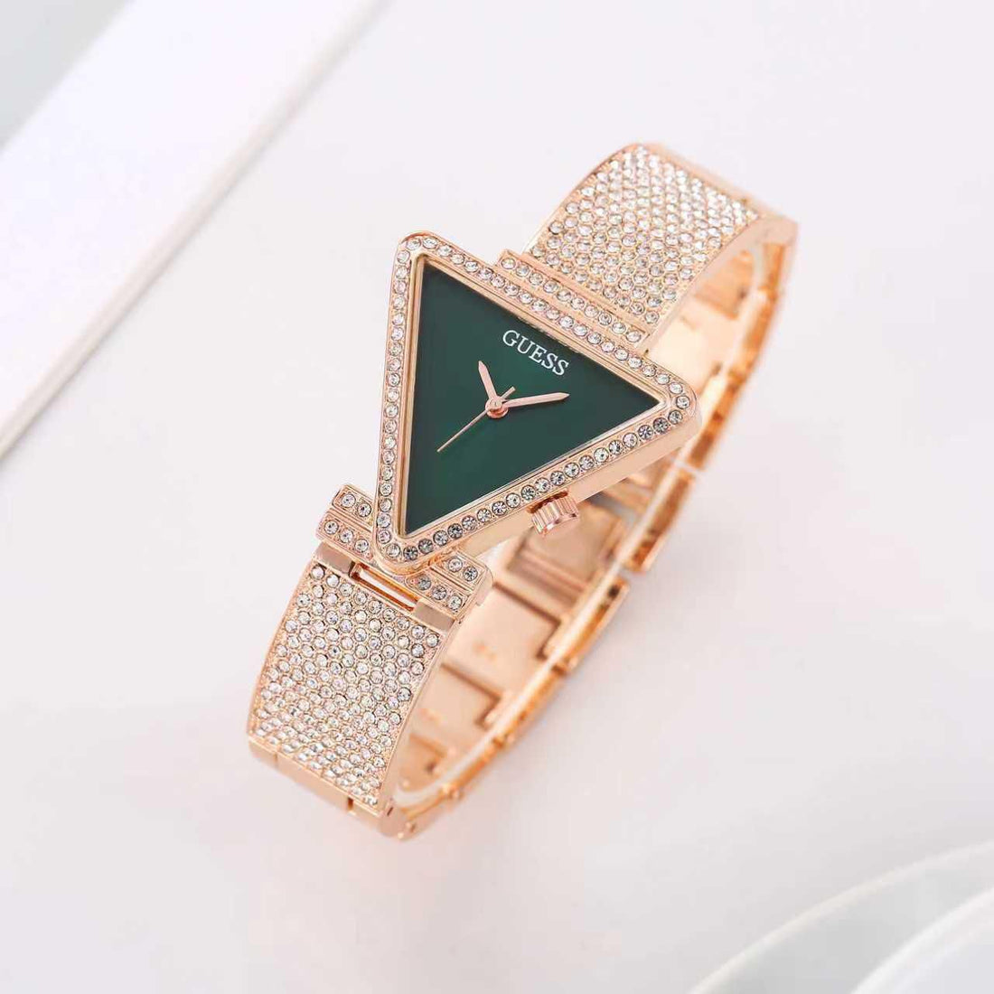 Guess Women’s Triangle Dial Bracelet Watch | Rose Gold Diamond Studded Designer Watch | Luxury Party Wear Wrist Watch