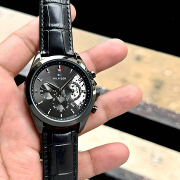 Men’s Chronograph Style Watch – Black Dial with Leather Strap (Semi-Skeleton Design)