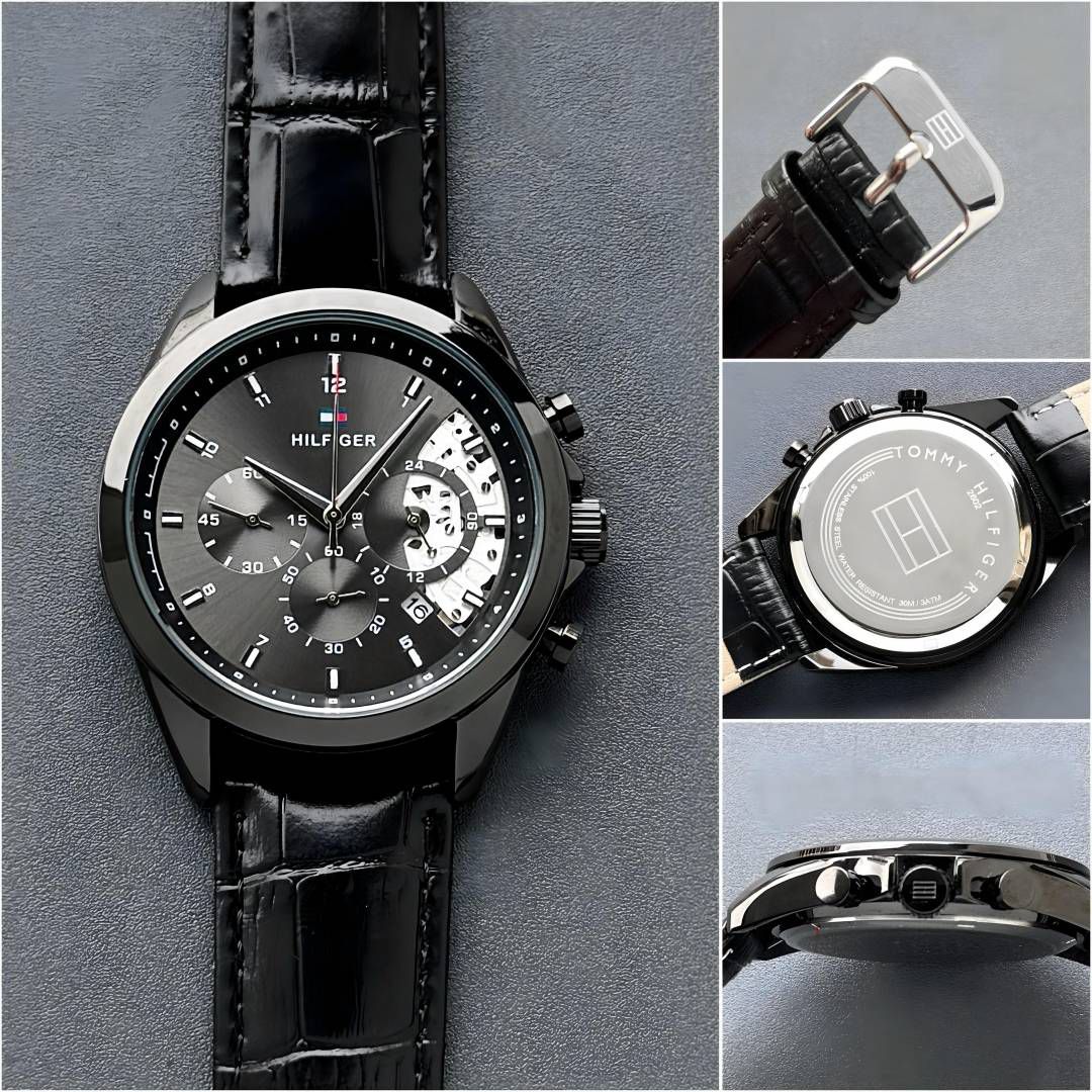 Men’s Chronograph Style Watch – Black Dial with Leather Strap (Semi-Skeleton Design)