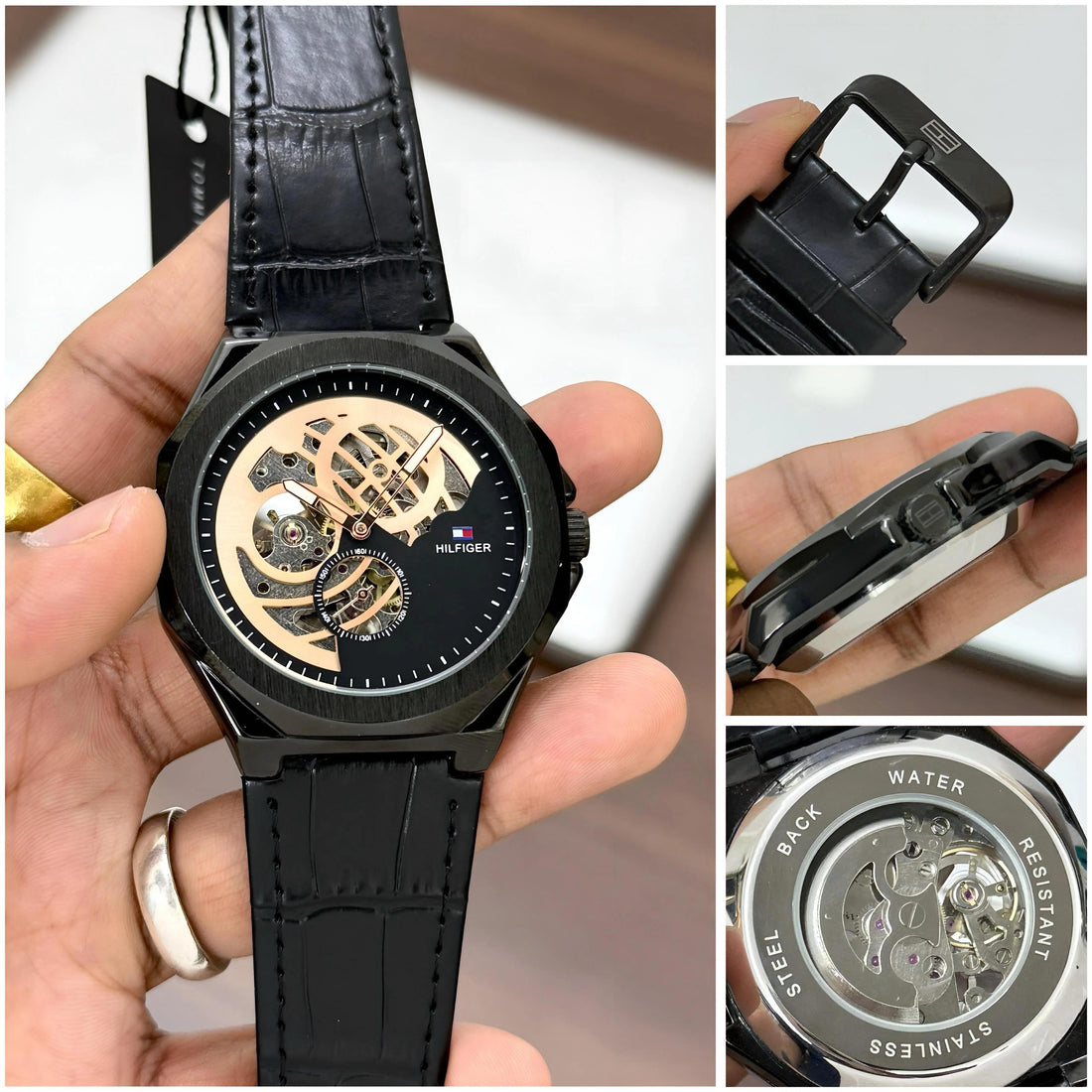 Tommy Hilfiger Men’s Skeleton Dial Watch – Black Case with Leather Strap (Automatic Style Design)