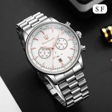 Men’s Chronograph Watch – White Dial with Stainless Steel Strap (Luxury Sport Design)