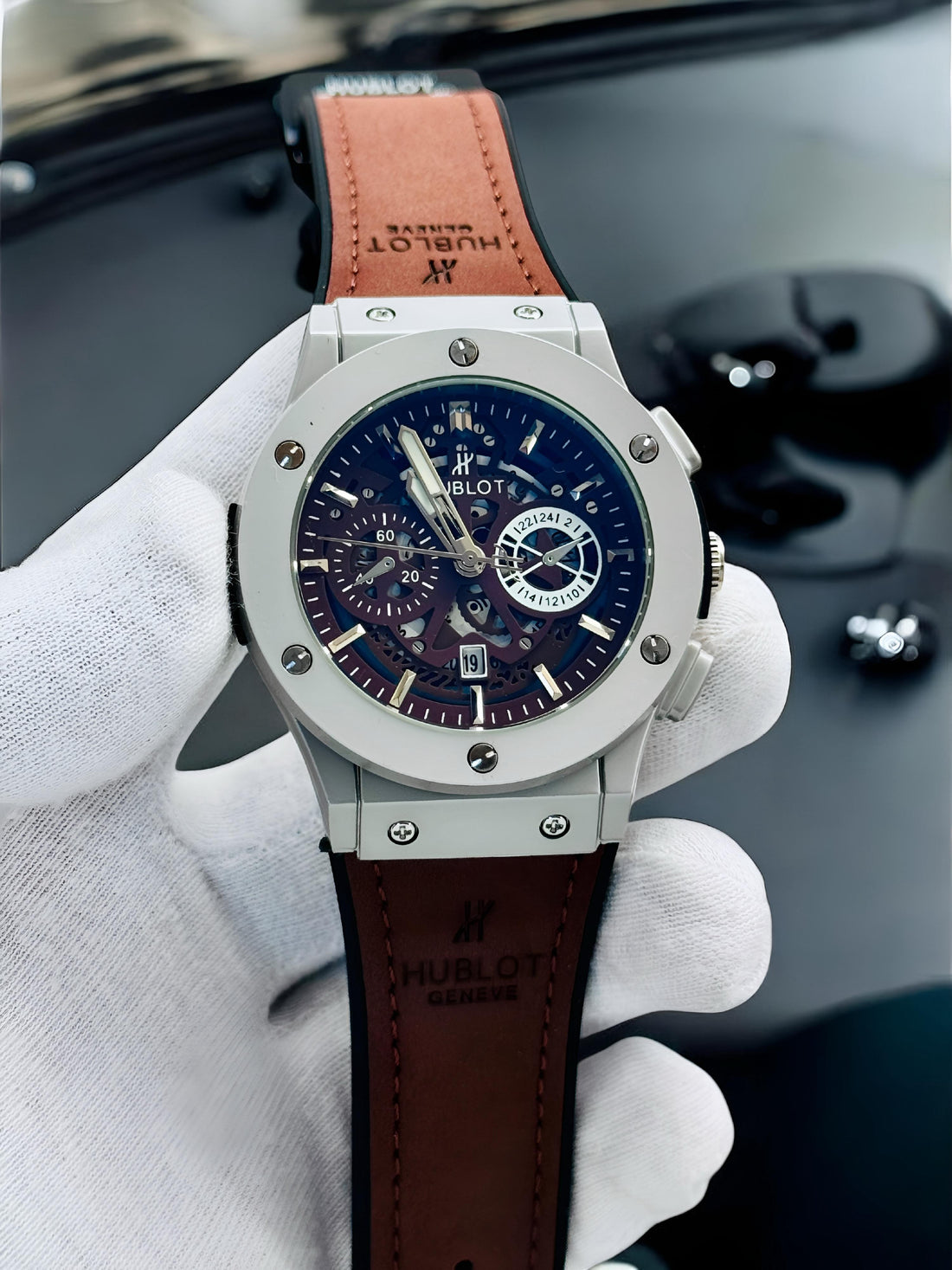 Premium Blue Skeleton Dial Chronograph Style Analog Watch with Leather Strap