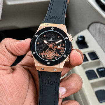 Luxury Black & Rose Gold Designer Men’s Watch with Silicone Strap Short Description