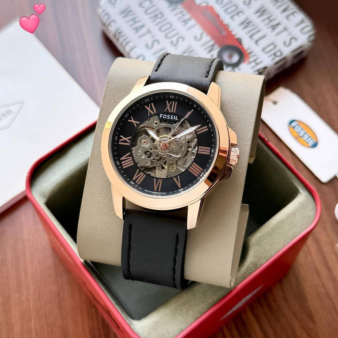 Luxury Black Skeleton Automatic Analog Watch with Leather Strap