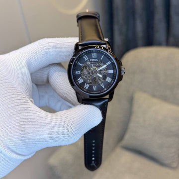 Luxury Black Skeleton Automatic Analog Watch with Leather Strap