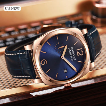 Elegant blue dial men’s watch with premium leather strap and rose gold finish. Perfect combination of luxury, style, and everyday comfort.