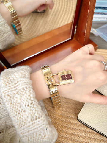 Elegant Gold-Tone Lock Style Bracelet Analog Watch for Women