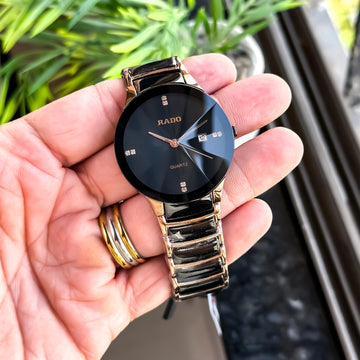 Elegant Black Dial Date Display Metal Strap Watch for Men