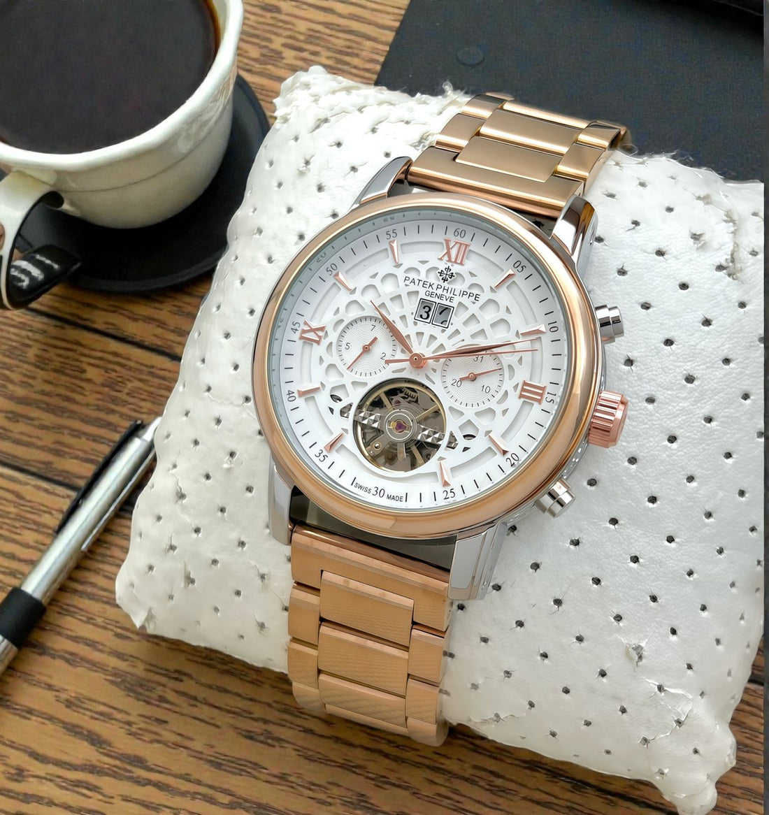 Luxury Automatic Style Men’s Watch | Chronograph Design | Open Balance Wheel Dial | Rose Gold Stainless Steel Strap | Premium Analog Watch