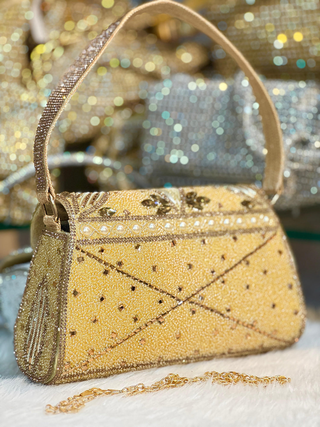 Handmade diamond crystal flap clutch