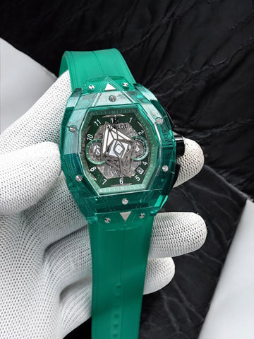 Luxury Green Transparent Skeleton Dial Wrist Watch | Hublot-Style Silicone Strap Fashion Watch for Men