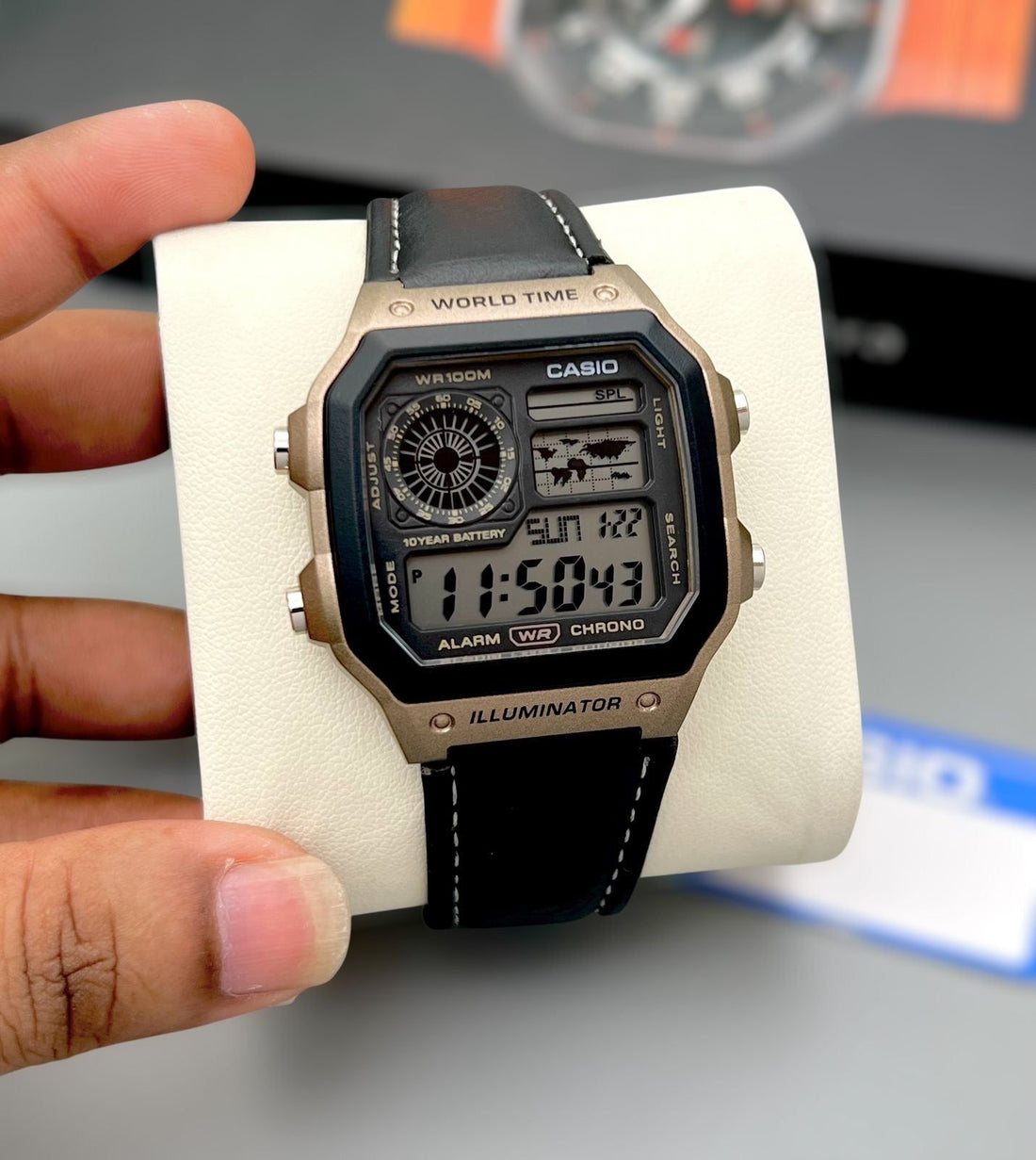Casio Men’s World Time Digital Chronograph Watch – Brown Leather Strap