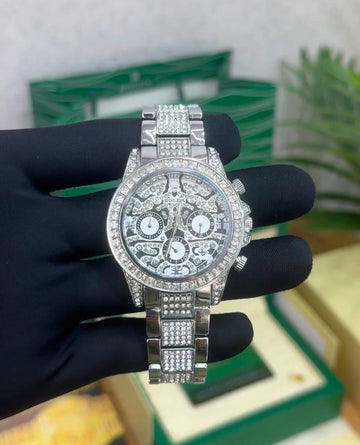 Men’s Luxury Iced-Out Chronograph Watch – Silver Diamond Style Stainless Steel Strap