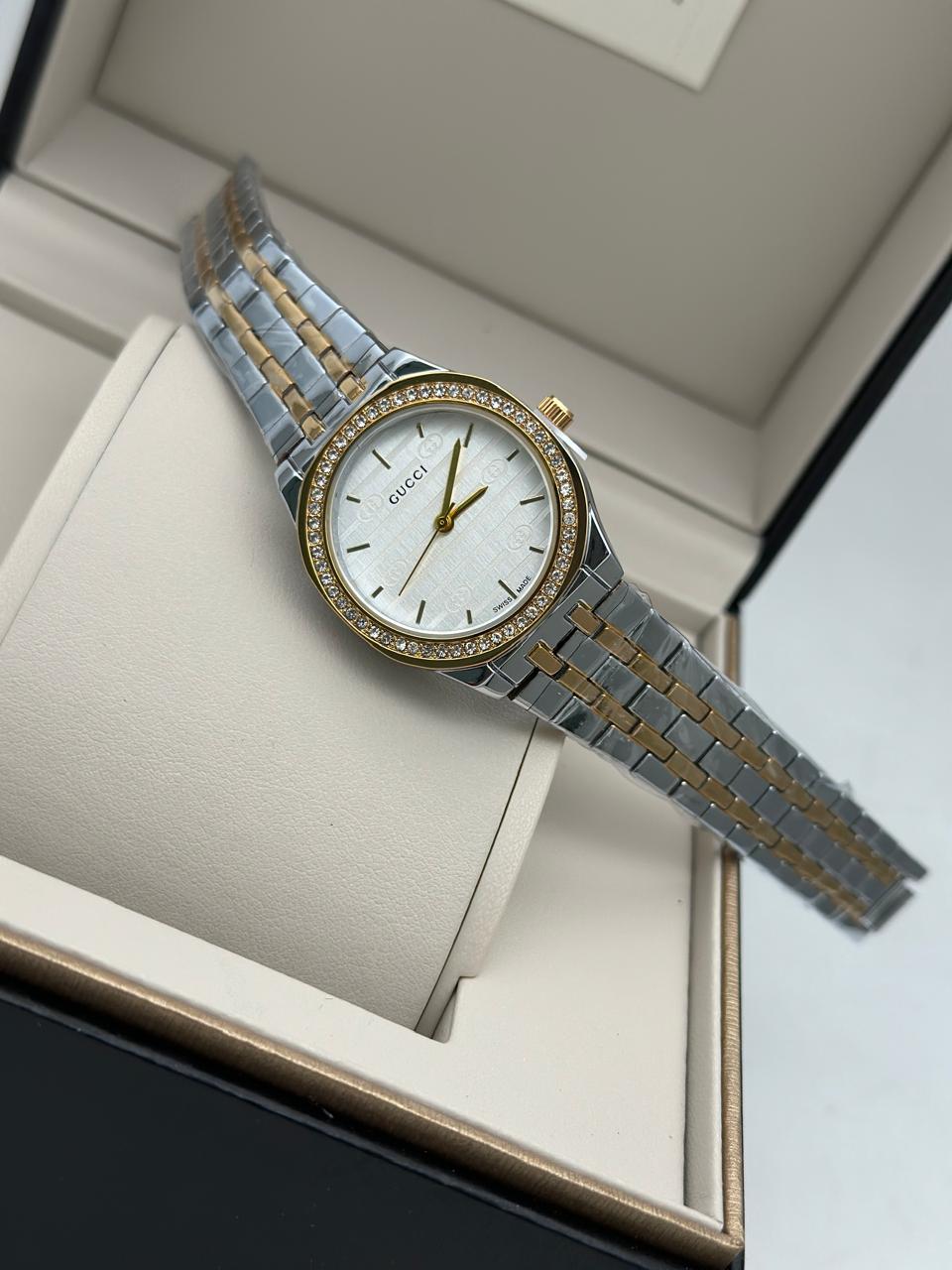 Premium Dual-Tone Stainless Steel Women’s Luxury Watch with Green Dial & Crystal Bezel